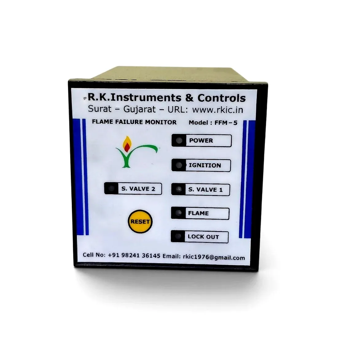 R.K. Instruments & Controls FFM-5 Flame Failure Monitor &mdash; front panel with POWER, IGNITION, S. VALVE 1, FLAME, S. VALVE 2 and LOCK OUT indicators, RESET button