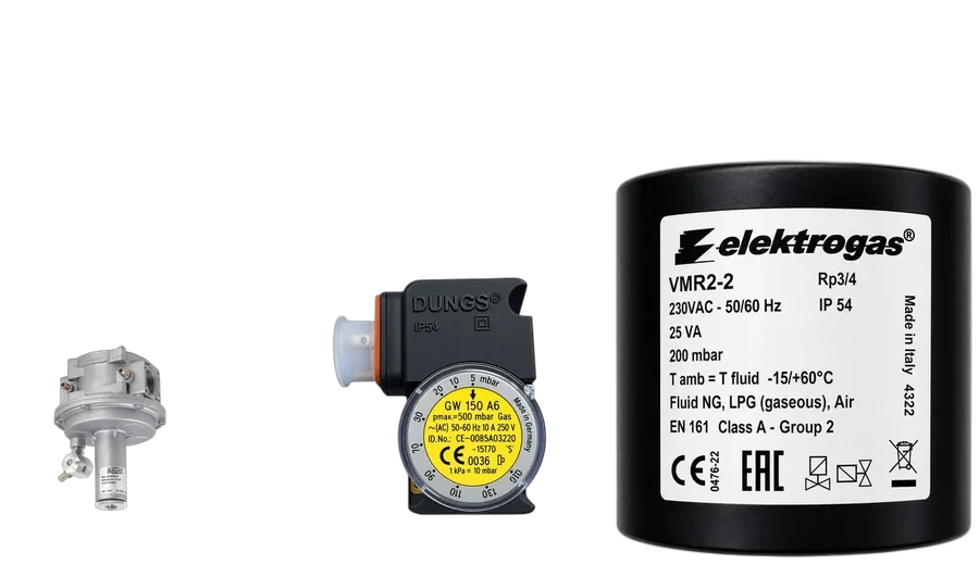 Madas gas pressure switch, Dungs gas pressure switch and Elektrogas pressure regulator