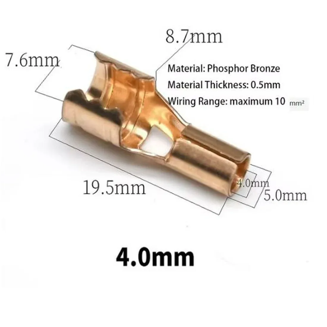 Ignition Cable Lug 4.0mm Female Bullet &mdash; Ignition Spares by R.K. Instruments & Controls, phosphor bronze 4.0mm bullet connector with dimension diagram