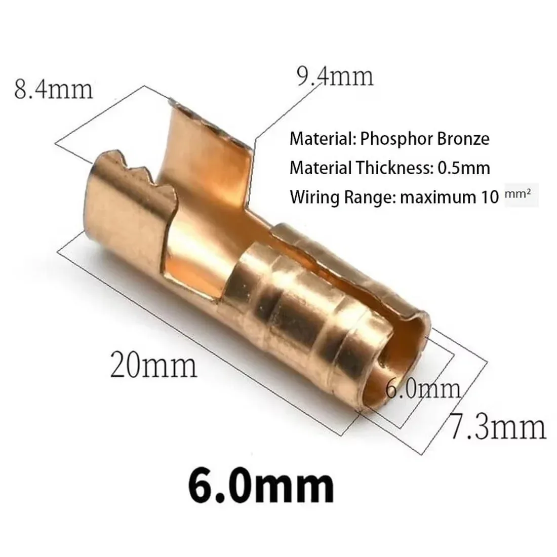 Ignition Cable Lug 6.0mm Female Bullet &mdash; Ignition Spares by R.K. Instruments & Controls, phosphor bronze 6.0mm bullet connector with dimension diagram