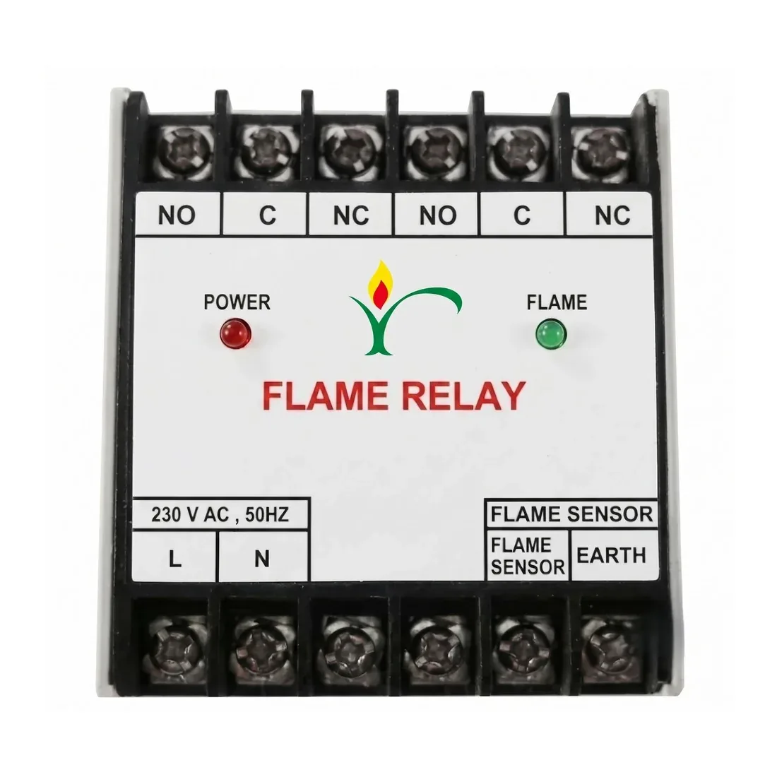 R.K. Instruments & Controls Flame Relay, ionization flame sensor module with POWER and FLAME LED indicators, DIN-rail mount terminal unit