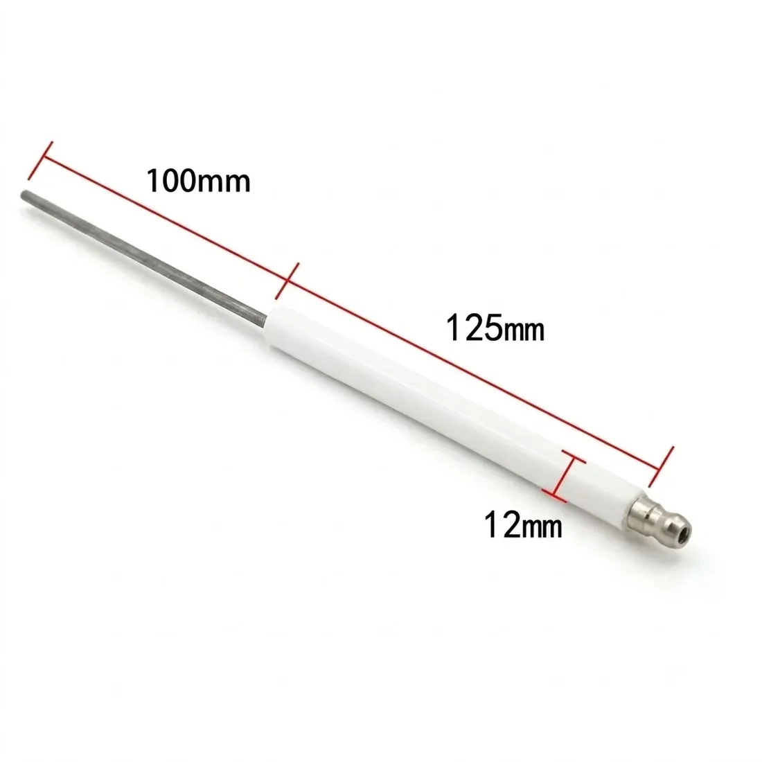 Ignition Electrode 12mm Insulator by R.K. Instruments & Controls, with dimension callouts (100mm electrode rod/wire length, 125mm insulator/ceramic length, 12mm insulator diameter) and SAE / D4 / M4 threaded terminal connector