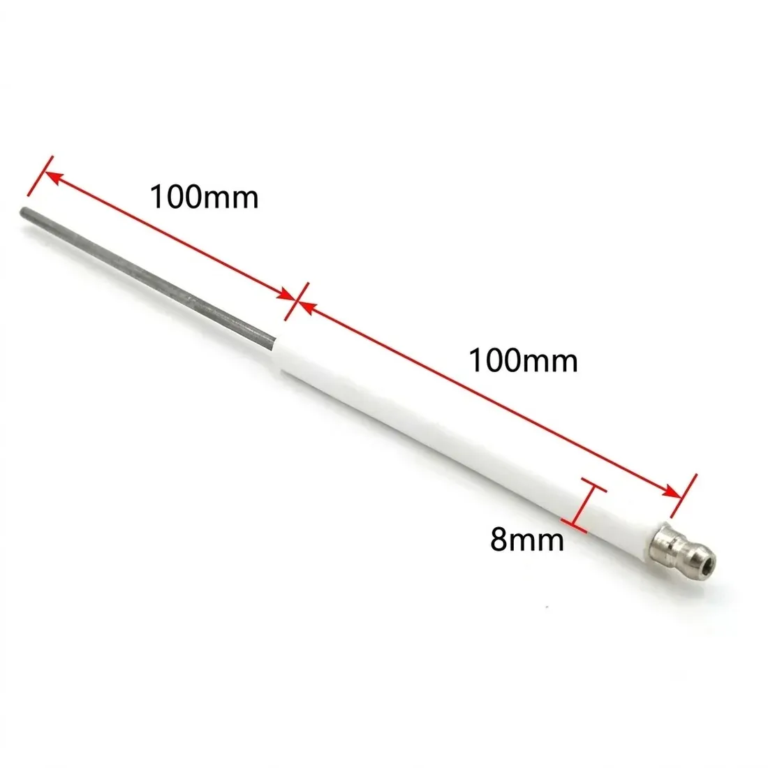 Ignition Electrode 8mm Insulator by R.K. Instruments & Controls, with dimension callouts (100mm electrode length, 100mm insulator length, 8mm insulator diameter) and SAE / D4 / M4 threaded terminal connector