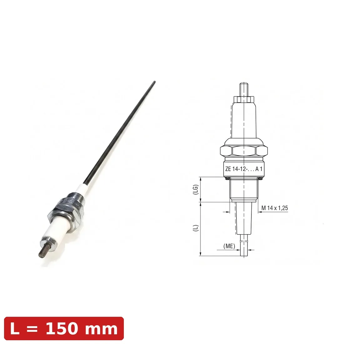 Spark Ignition Electrode Threaded ZE-14-12-150-A1 — M14x1.25, L150mm, Standard Stock by R.K. Instruments & Controls, with dimension diagram (LG thread length, L overall length, M14x1.25 thread)