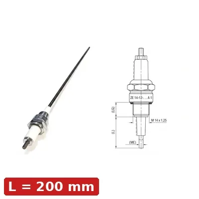 Spark Ignition Electrode Threaded ZE-14-12-200-A1 — M14x1.25, L200mm, Standard Stock